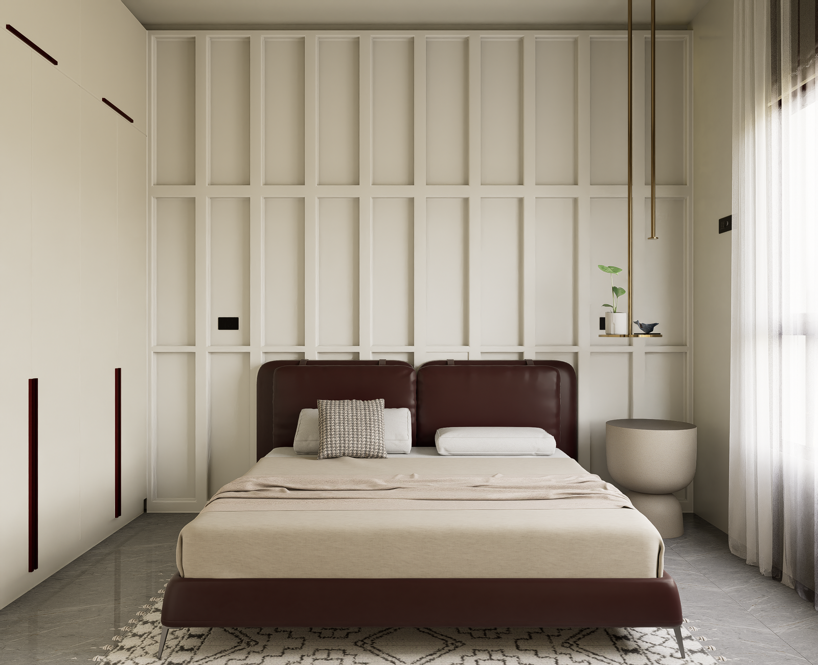 Bedroom front view with maroon leather headboard and wardrobe